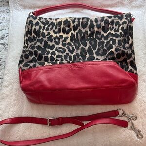 Coach Red and Leopard Print Shoulder Bag - Parker Ocelot Print Hobo